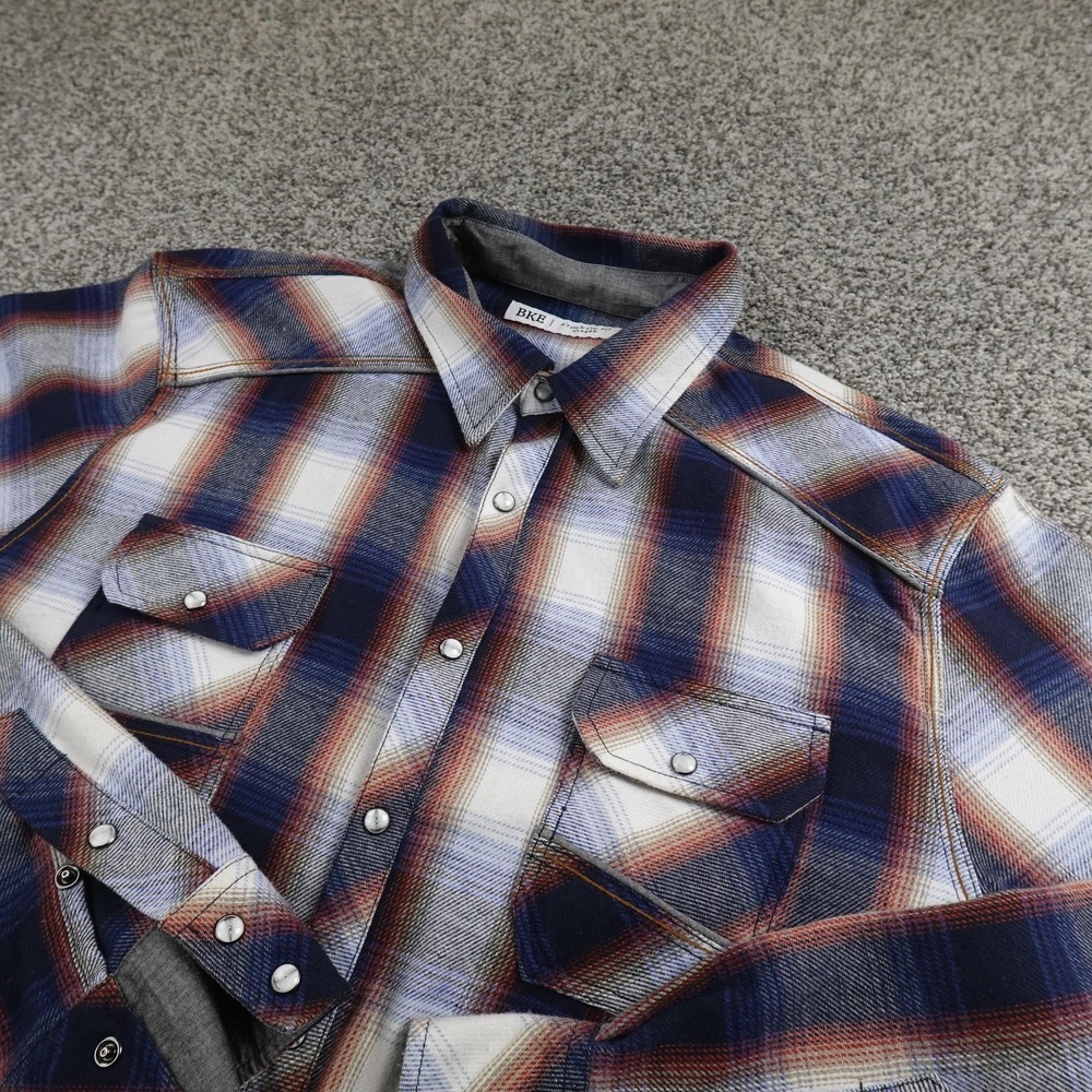 BKE Shirt Mens XL Blue Plaid Flannel Western Pearl Snap Western Cowboy Rodeo Y2K
